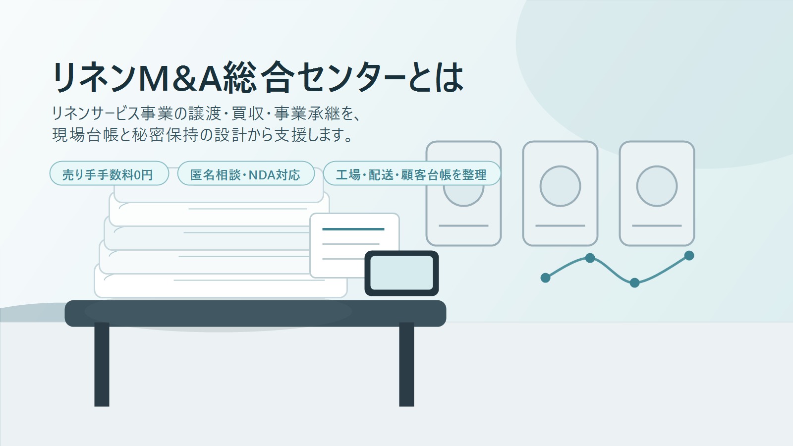 リネンM&A総合センターとは。清潔なリネン、工場設備、事業承継支援を表したアイキャッチ画像
